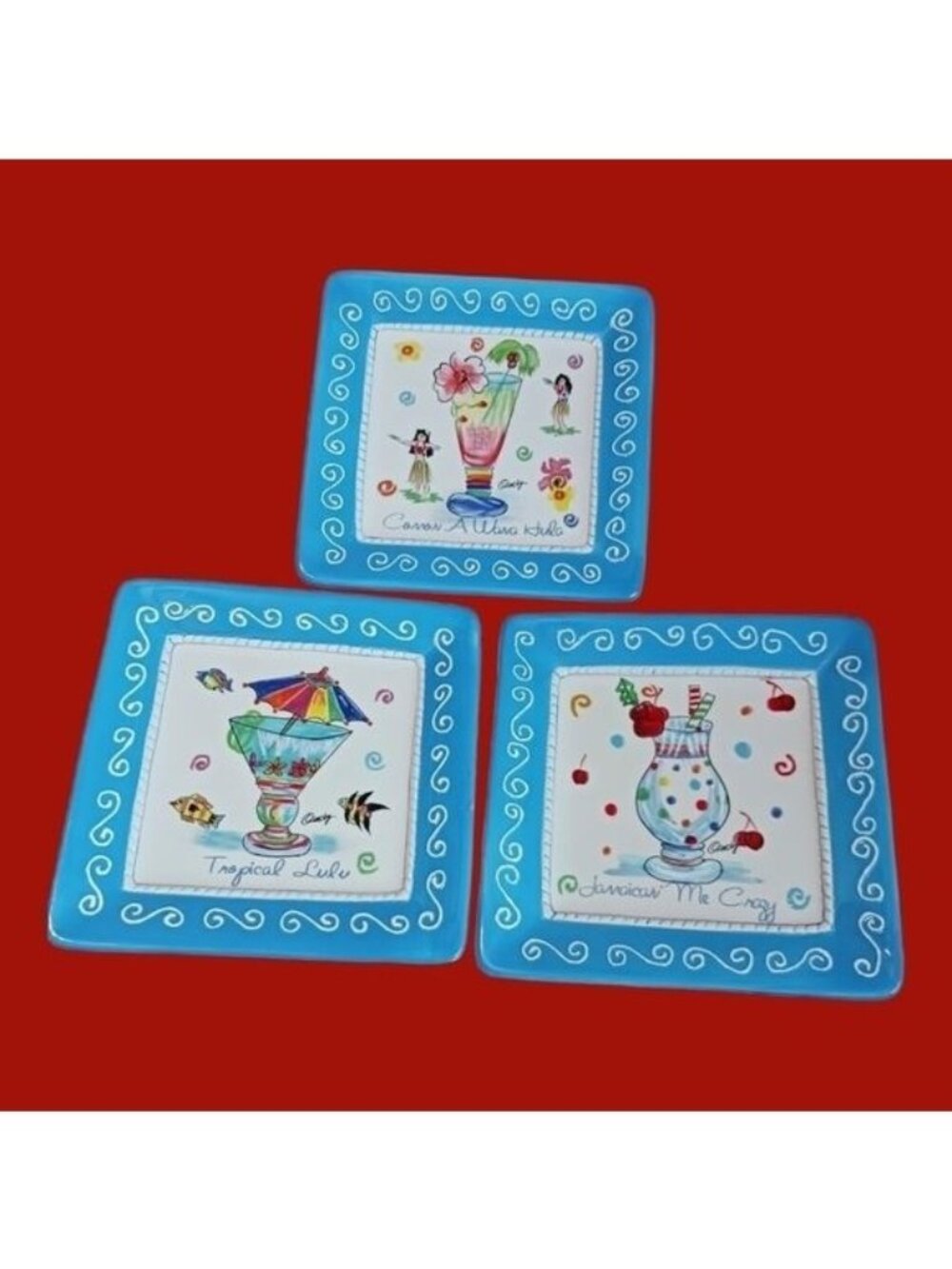Ormsby Set of 3 Square Cocktail-Themed Decorative Plates Turquoise Blue White
